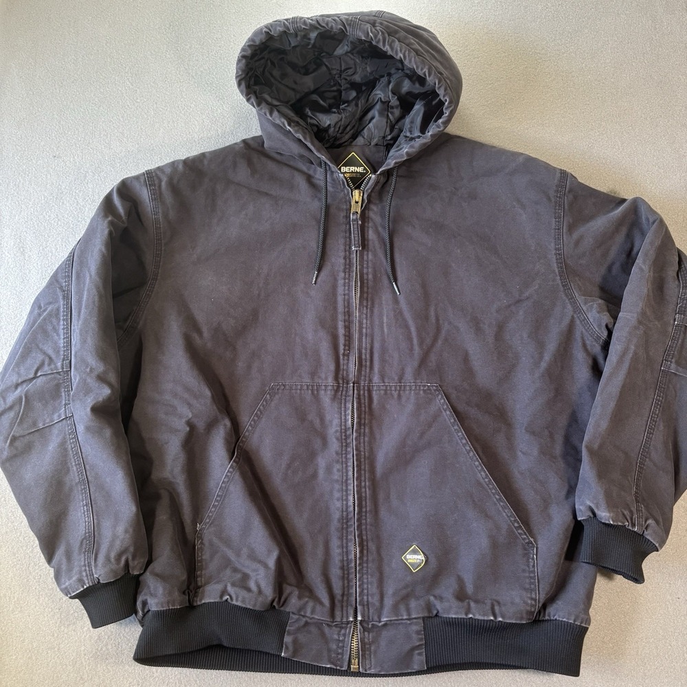 Berne Apparel Jobsite12 Hooded Work Jacket Black Faded Duck Canvas Mens 2XL
